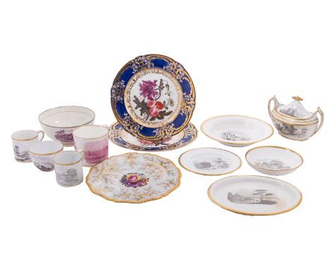 A group of bat printed tea wares, two Coalport and one Worcester plate.