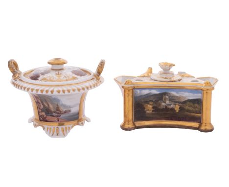 Two early 19th century Worcester inkwells and covers the first Flight, Barr & Barr and painted with a view of 'Malvern Church