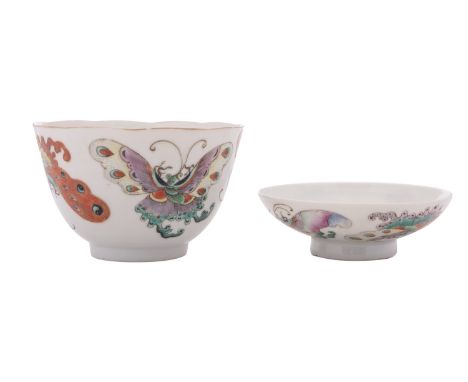 A Chinese famille rose 'butterfly' cup and cover, Qing dynasty each piece painted with four large colourful butterflies, iron