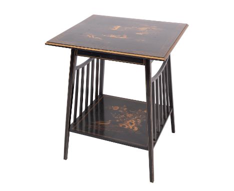 A black lacquered and parcel gilt wood occasional table in Chinoiserie taste, early 20th century; the square top decorated wi