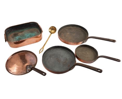 A rectangular copper twin handled pan, early 19th century; engraved with AK beneath a coronet, 10cm high, 42cm wide; a copper