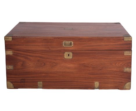 A camphor wood and brass bound trunk, probably Anglo-Indian, circa 1900; with strengthening brackets at the corners and angle