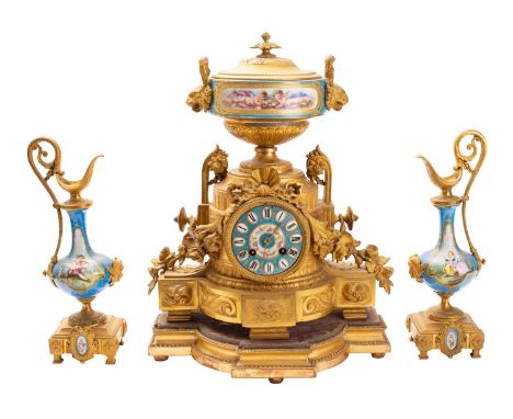 Japy Frères, Paris a gilt-metal and porcelain clock garniture the eight-day duration movement striking the hours and half-hou