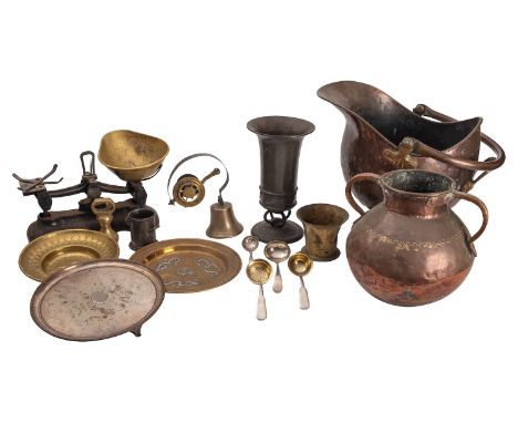 A large quantity of domestic metalware, 19th and 20th century, predominantly copper and brass; including: two skimmers; a bro