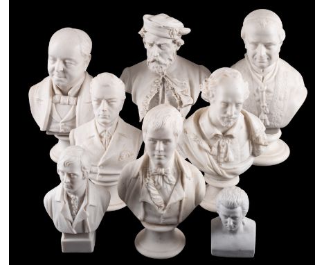 A collection of eight 19th/early 20th century English and Continental Parian portrait busts including Wagner, Lord Burton, Bu
