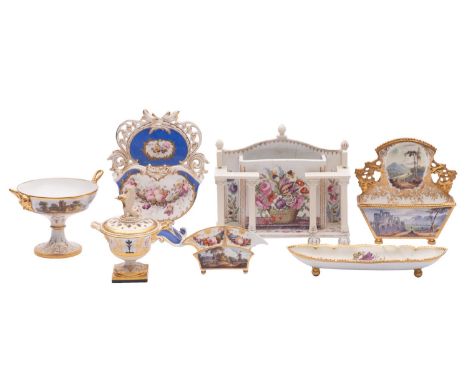 A group of early 19th century English porcelain including four letter/card racks, 6.5-21cm; a Flight Barr & Barr Worcester pe