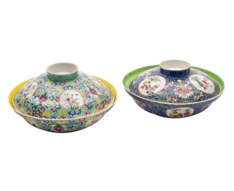 Two Chinese porcelain bowls and covers, one decorated with medallions of flowers reserved on a turquoise ground with peony sc