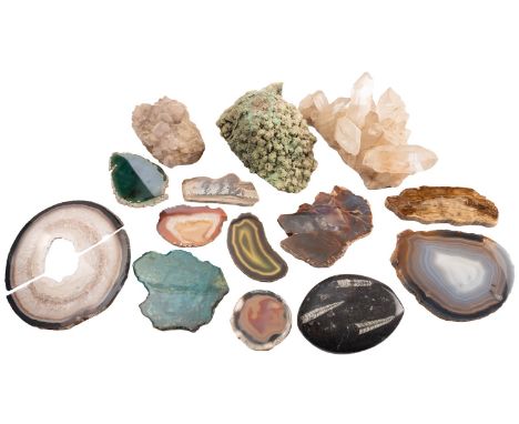 A collection of mineral and fossil specimens; including rock crystal, 27cm wide; quartz, gastropods and others