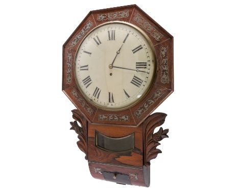 A Regency rosewood drop-dial English wall clock the eight-day duration single-fusee movement having an anchor escapement with
