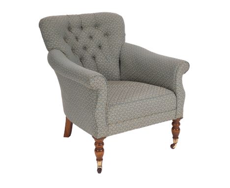 A button upholstered armchair, 20th century; in green Zoffany fabric; with turned wood front legs with brass caps and ceramic
