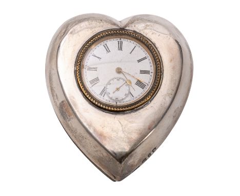 A heart-shaped silver mounted easel clock having an eight-day duration timepiece movement, the white dial with black Roman nu