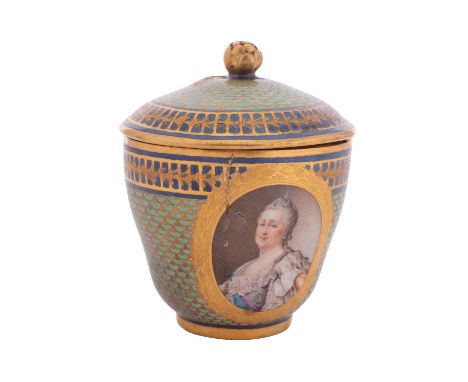 A Russian Imperial Porcelain-Factory cup and cover painted with a portrait of Catherine the Great on a green fish-scale groun