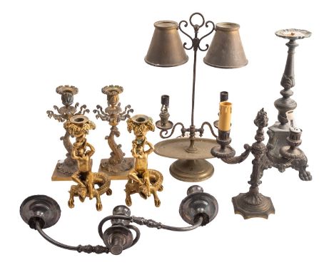 A collection of antique and later lighting, 19th and 20th century; comprising a pair of Regency ormolu candlesticks cast as d