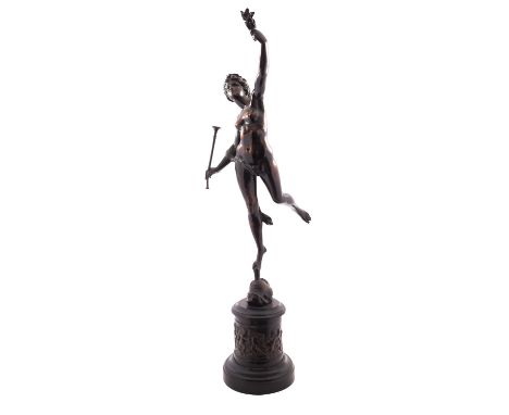 A Continental patinated bronze model of the goddess Fame, late 19th century, portrayed nude and supported aloft on the breath