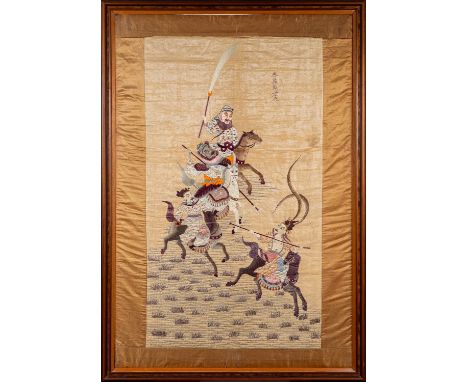 A Chinese silk work panel, woven with a martial scene of three warriors on horseback pursuing another, five character mark up