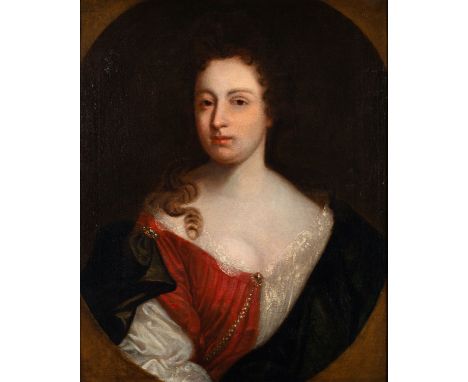 Circle of Jonathan Richardson (British, 1665-1745)Portrait of a lady wearing a white lace and red velvet dressOil on canvas73