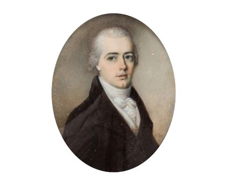 Thomas Hazlehurst (British, c.1740-c.1821)Portrait of a gentlemanWatercolour on Ivory7.5 x 6cmInitialled 'T.H' lower right.Iv