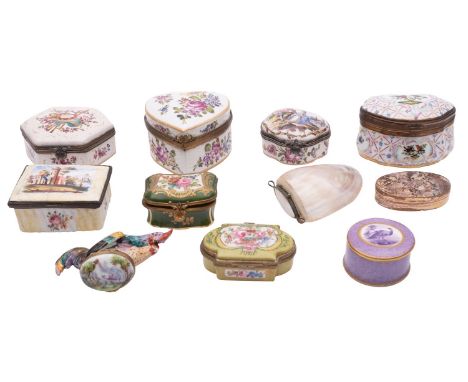 A collection of enamelled and painted ceramic boxes, 18th century and later; makers including Rockingham Works, Hoecht, Staff
