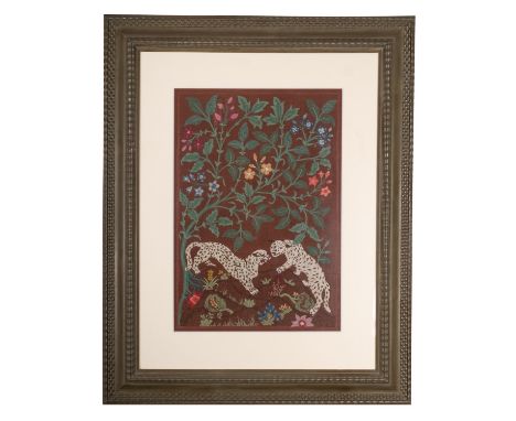 An Indian crewel work panel depicting panthers in foliage, 20th century; mounted, framed and glazed; 91cm high, 73cm high ove