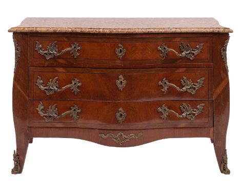 A walnut, parquetry and marble topped serpentine front commode in Louis XV style, circa 1900; the marbre Brèche d'Alep top wi