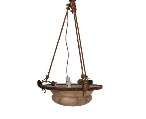 An Italian gilt metal mounted alabaster dish light, early 20th century; the waisted stone shade with flared rim held within a
