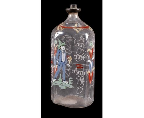 A German enamelled glass flask, 18th century inscribed 'Vivat Joerr Bruder' [long live brother], the reverse with a figure in