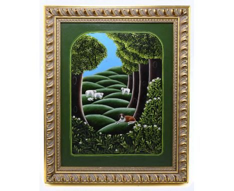 † J MAREK (POLISH); oil on board, abstract sheep and dog in landscape, signed, 45 x 35cm, framed.Condition Report: Light wear