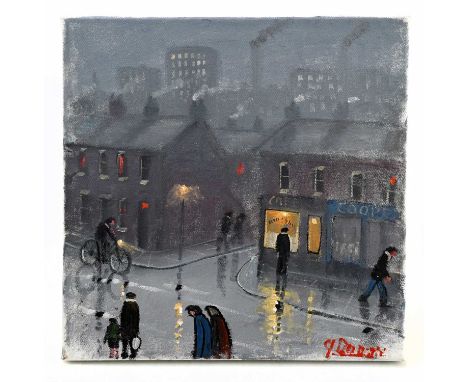 † JAMES DOWNIE (born 1949); oil on canvas, street scene with figures, signed, 30 x 30cm, unframed.Condition Report: Good cond