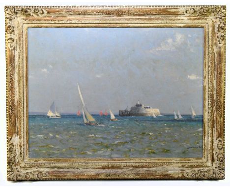 † NORMAN WILKINSON CBE (1878-1971); oil on canvas, ‘St Helen’s Yacht, Isle of Wight’, signed, bears Fine Art Society Gallery 