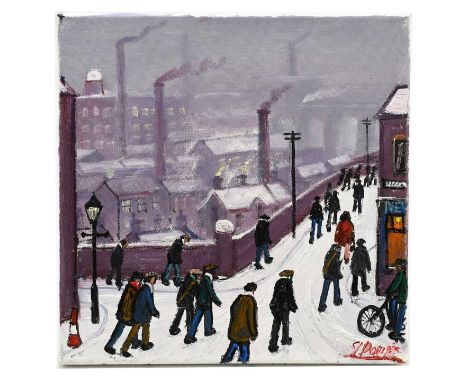 † JAMES DOWNIE (born 1949); oil on canvas, figures in street scene with mills, signed, 30 x 30cm, unframed.Condition Report: 