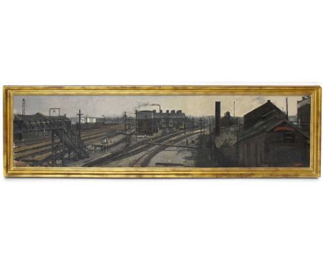 † KEN HOWARD OBE PPNEAC RA RBA RBSA ROII RWA (1932-2022); a very large oil on canvas, railway sidings, signed, 45cm x 183cm, 