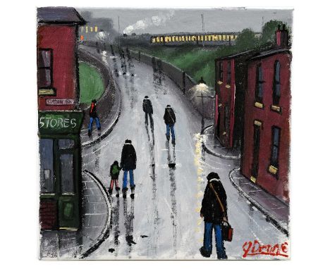 † JAMES DOWNIE (born 1949); oil on canvas, 'Catching the Last Train', signed, 30 x 30cm, unframed.Condition Report: Light wea