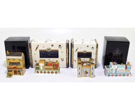 ROYAL CROWN DERBY; four paperweights to include ‘Christening Train’, ‘Treasures of Childhood Steam Train’, ‘Original Harvest 