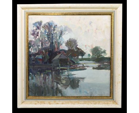 † THEODORE CHARLES BASIL HITCHCOCK (1892-1953); oil on board, a boathouse on lake, signed lower right, 42 x 42cm, painted to 