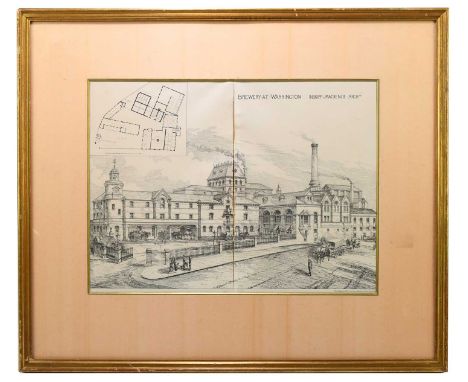 LOCAL INTEREST; a photo-lithograph print of the Inskipp &amp; Mackenzie Brewery at Warrington with plans, 28 x 38cm, framed a