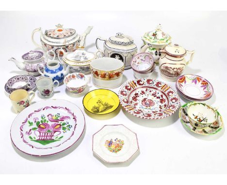 A collection of 19th century and later English and French ceramics, to include a blue and white porcelain teapot decorated wi