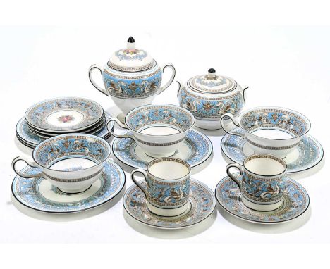 WEDGWOOD; a small collection of 'Blue Florentine' coffee and tea'wares comprising two sugar bowls and covers, three tea cups,