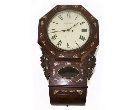 A 19th century rosewood drop-dial wall clock, the mother of pearl inlaid decoration surrounding the painted dial, set with Ro