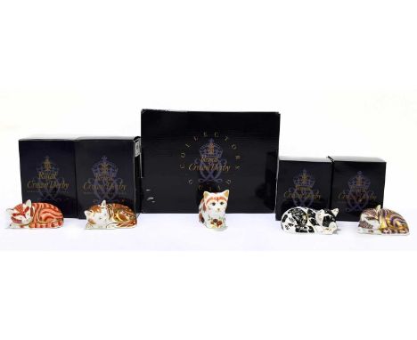 ROYAL CROWN DERBY; five animal paperweights modelled as cats/kittens, to include ‘Misty’, ‘Marmelo’ 1559/2500, and ‘Spice’ fr