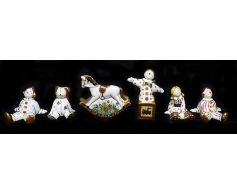 ROYAL CROWN DERBY; six paperweights from the Treasures of Childhood series, to include ‘Spotty Clown’, ‘Floppy Bunny’, ‘Rocki