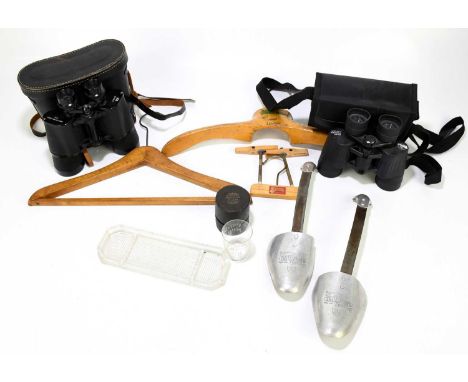 A vintage advertising coat hanger for Lewis's factory, cased binoculars, etc.