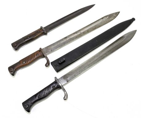 Two German G98 bayonets, one with associated scabbard, one stamped AF2 62, with a smaller German K98 numbered 0305 (3).Condit