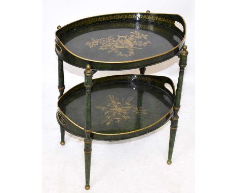 A green and gilt painted two tier butler's tray on stand, on turned column supports, width 48cm, depth 37cm, height 62cm.