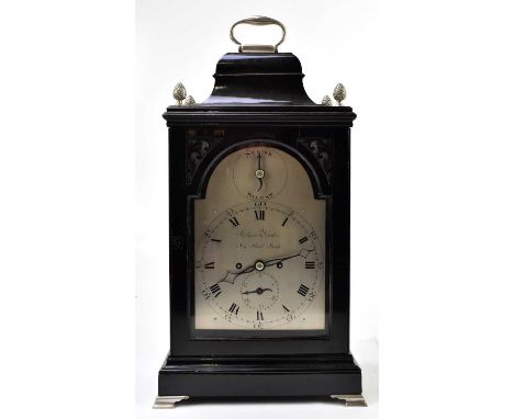 STEADMAN &amp; VARDON, NEW BOND STREET; a George III ebonised bracket clock with four silvered metal acorn finials above the 