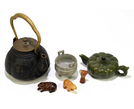 A collection of Oriental items to include a Japanese cast iron teapot and cover, a green hardstone teapot and cover, hardston