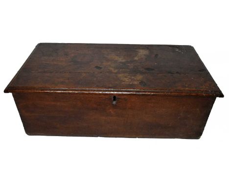 An 18th century oak blanket box, possibly originally had a stand, height 35cm, width 107cm, depth 54cm.