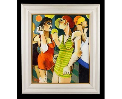 † GEOFFREY KEY (born 1941); oil on canvas, 'The Cafe Bar', signed and dated 02, 59 x 49cm, framed.Condition Report: Light wea