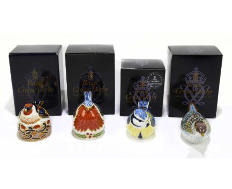 ROYAL CROWN DERBY; four animal form paperweights modelled as birds, to include ‘Goldfinch Nesting’, ‘Christmas Robin’, ‘Garde