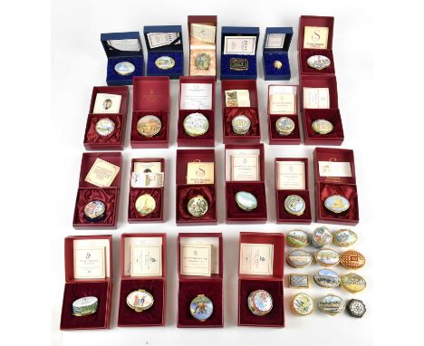 A collection of twenty-five Staffordshire enamel boxes, various designs, many in original boxes, with five Halcyon Days ename