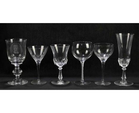 BACCARAT; nine champagne glasses with a Baccarat decanter and stopper, with two unmarked ewers, a further decanter and stoppe